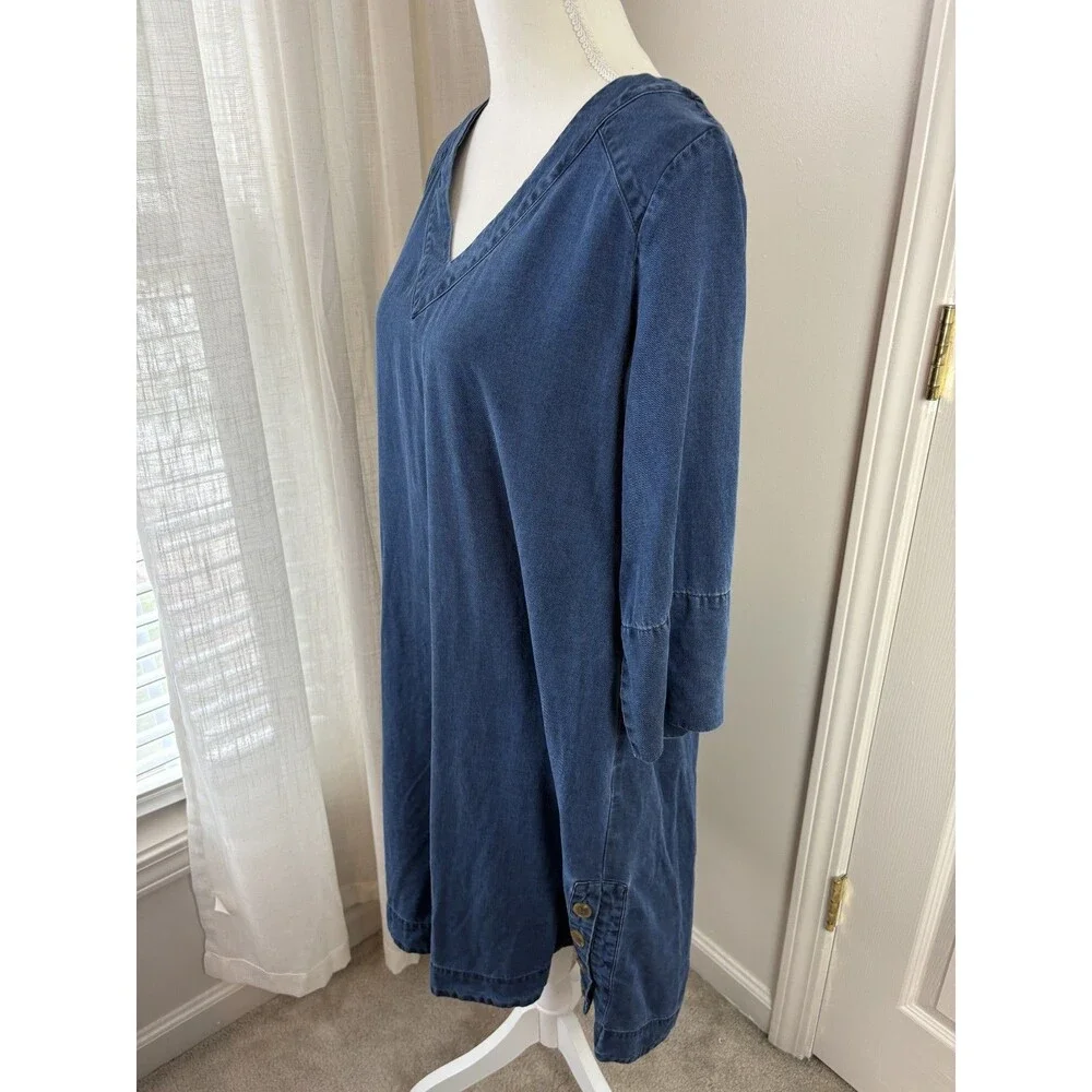 Soft Surroundings Blue Denim V Neck Dress Large Quarter Sleeve Beach Summer 145